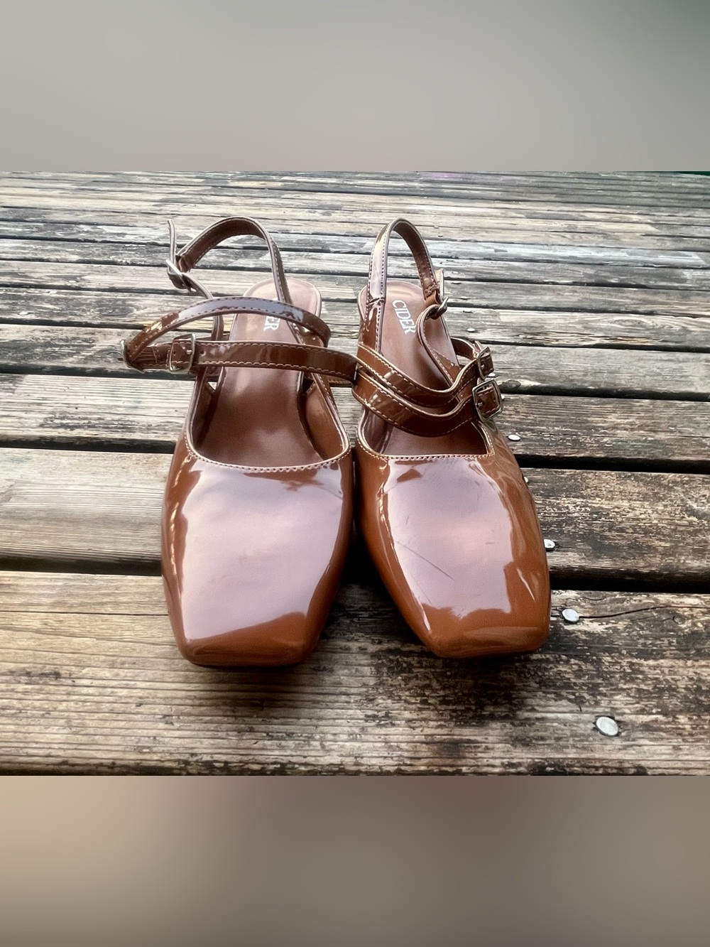 CIDER Glossy Brown Strappy Heeled Flats - Picture 2 of 10